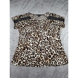 Adele & May leopard print t-shirt with sheer black mesh shoulder panels Size M